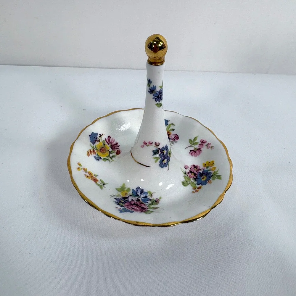 Canadian Superior Ring Holder White Floral Fine Bone China Gold Trim 70s Vintage